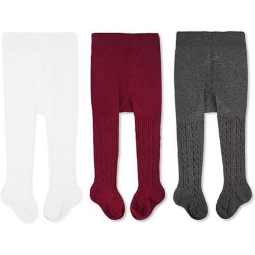 Cozyway Cable Knit Cotton Leggings/Tights for Baby Girls, 3 Pack, White/Dark Gray/Burgundy, 0-6 Months Old