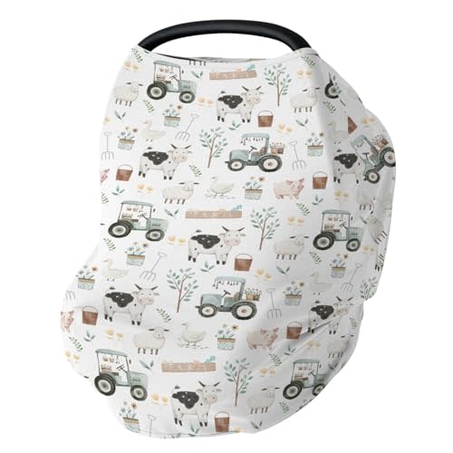 Boho Farm Animals Baby Car Seat Covers Lamb Cow Chicken Duck Tractor Tree Stretchy 5-in-1 Cover Adjustable Infant Carseat Canopy Cover Spring Farm Life Breathable Nursing Cover-Up