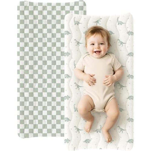 Konssy Waterproof Muslin Changing Pad Cover 2 Pack, 100% Cotton Quilted Diaper Changing Table Sheets, Soft Breathable Boho Nursery Bedding for Baby (Baby Green Plaid,Green Dino)
