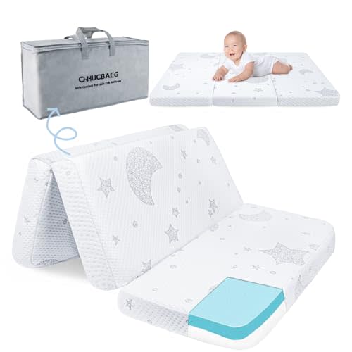QHUCBAEG Pack and Play Mattress, 38x26 Dual-Sided Memory Foam Trifold Pack N Play Mattresses with Breathable Washable Cover, Portable Baby Travel Playpen Mattress with Carry Bag