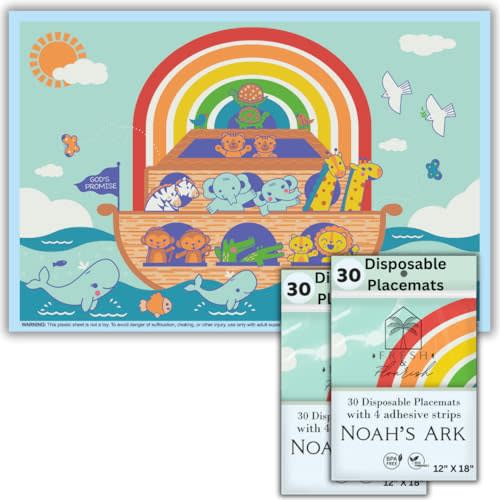 60 Kids Disposable Placemats for Baby | Noah’s Ark Disposable Placemats for Toddlers w/Adhesives | Stick on Baby Mats for Parents on The Go | Travel Essential
