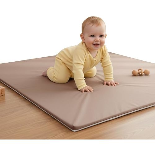 Baby Play Mat for Floor (50" x 50") Waterproof Vegan Leather - Easy to Clean w Removable Cover - Mat for Tummy Time - Padded Thick 1.5" Foam Support Non-Slip Bottom for Infant Kids and Toddler (Tan)