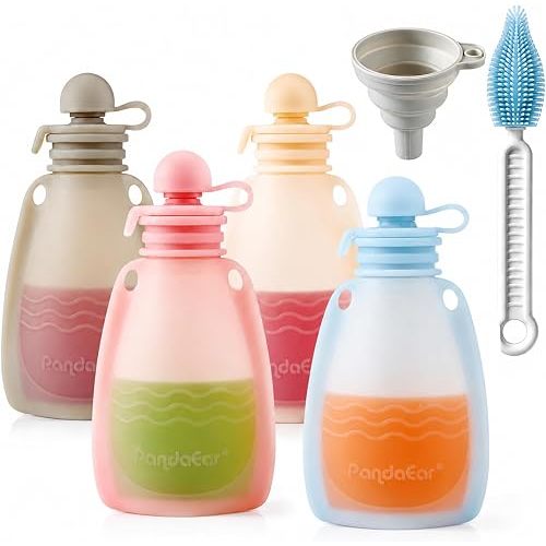 PandaEar Reusable Silicone Baby Food Pouches, 4 Pack Squeeze Pouches for Toddler Kids, BPA-Free Silicone Refillable Baby Food Storage, 5 oz