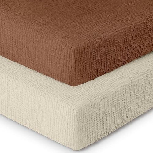 Dreamology Mini Crib Sheets Fitted,Mini Muslin Crib Sheet,2 Pack,100% Cotton Crib Sheets,Soft,Breathable,Baby Crib Sheets,Girls,Boys,Pack and Play Sheets Fitted,24x38 Mini Crib Sheet | Caramel,Ecru