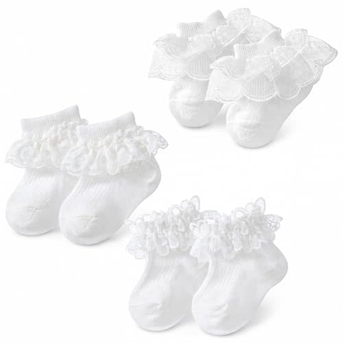 3 Pairs Baby Girl Ruffle Socks, White Double Lace Frilly Socks Cotton Dress Ankle Socks for Newborn Infant Toddler