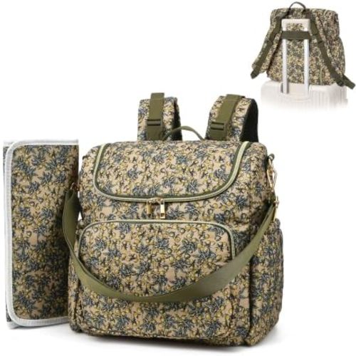 Quilted Floral Diaper Bag Backpack, Cute Mom Travel Diaper Backpack Purse