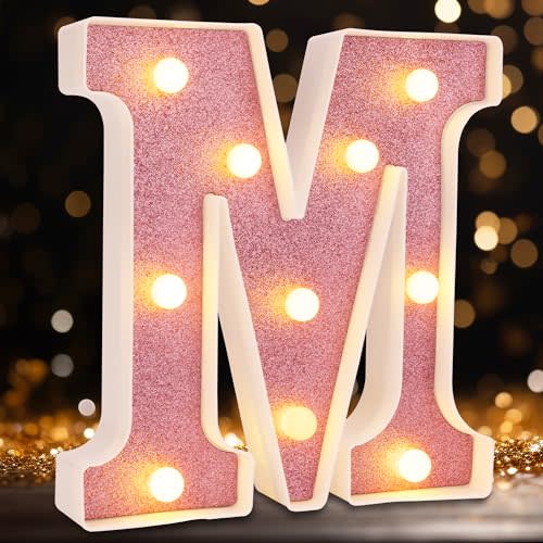 Small Led Marquee Letters, Light Up Letters, 8.58 Inch Led Letter Lights, Battery Powered Lighted Sign for Table, Party, Birthday, Christmas Decor (Pink Glitter, Letter M)