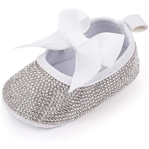 Baby Girls Mary Jane Flats Sparkly Bow Diamonds Princess Dress Shoes Anti-Slip Infant Crib Shoes