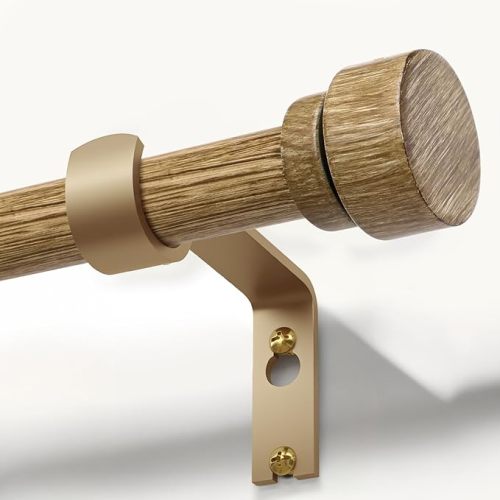Lootkell Natural Light Wood Curtain Rods for Windows 66 to 120 1" Diameter Heavy Duty Window Curtain Rod Adjustable with Handmade Wood Grain Design for Living Room Bedroom Kitchen Farmhouse Outdoor