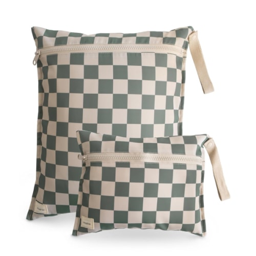 mushie Water Resistant Wet Bags | Large & Small Reusable Storage Bag for Baby Items and Travel | Zippered Pockets with Handle | Machine Washable, Set of 2 (Olive Check)