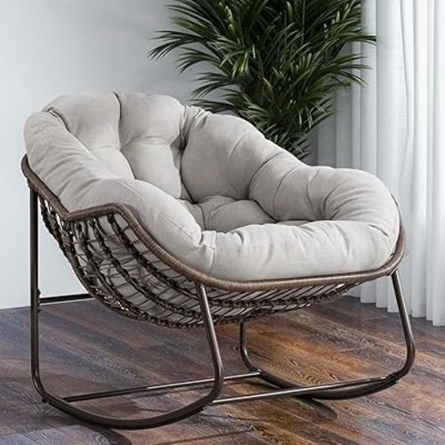 37” Papasan Rocking Chair with Cushion and Steel Frame, Oversized Outdoor Egg Rocking Chair, Rattan Circle Chairs for Grand Patio and Garden (Beige)