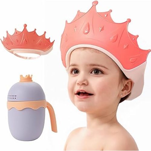 Toddler Hair Washing Shield with Bath Rinse Cup, Adjustable Baby Shower Cap for Kids Baby Bath Visor Shampoo Hat for Toddlers 1-9T, Pink