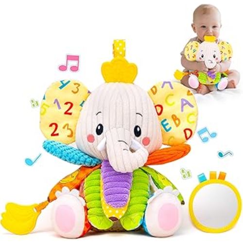 Baby Toys 3-6 Months, Musical Stuffed Elephant Toddler Toy for Newborn Infant 3 6 9 12 Months, Tummy Time Toys Montessori Sensory Toys 0-6 6-12 Months, Crinkle Paper, Mirror Soothing Music Shower Gift