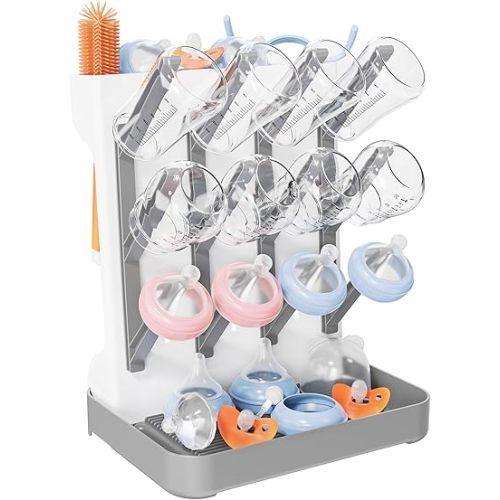 Baby Bottle Drying Rack, Vertical Bottles Dryer Holder Space Saving Standing Bottle Drying Rack for Countertop Kitchen Organize Bottles & Baby Accessories Brushes Pacifiers and Pump Part (Grey)