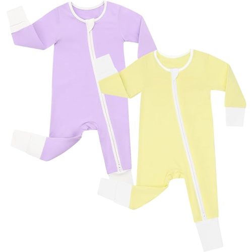 JunNeng Rayon from Bamboo Baby Romper Sleeper with Mitten Cuffs Feet,Newborn Boy Girl Zipper Snug Fit Sleep 'N Play - 12-18 Months - Yellow+purple