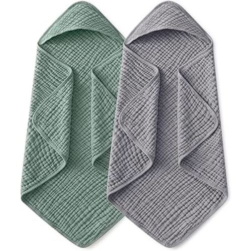 Yoofoss Hooded Baby Towels for Newborn 2 Pack 100% Muslin Organic Cotton Baby Bath Towel with Hood for Babies, Infant, Toddler and Kids,37.5"x37.5",Soft and Absorbent Newborn Essential,Grey&Dark Green