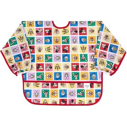 Bumkins Disney Sleeved Bib for Girl or Boy, Baby and Toddler for 6-24 Mos, Essential Must Have for Eating, Feeding, Baby Led Weaning Supplies, Long Sleeve Mess Saving, Mickey and Friends Check Mates