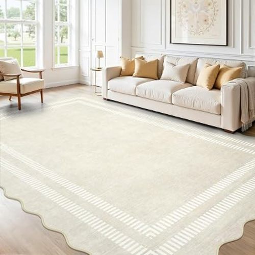 Washable 6x9 Area Rugs for Living Room, Solid Ivory Ultra-Thin Bedroom Rug Non-Slip Dining Room Rugs, Soft Scalloped Carpet for Nursery Kids Room Office