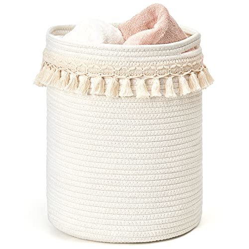 Mkono Macrame Decorative Cotton Rope Basket Boho Nursery Decor Small Cute Woven Tassel Closet Storage Bins Organizer for Baby Toys,Magazines, Potted Plants Cover,Living Room,Bedroom, 15.7"x19.6"