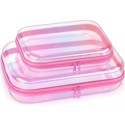 Clear Hard Shell Zipper Case, 2 Pack TSA-Approved Travel Toiletry Bag, Waterproof Cosmetic Bag, CLear Diaper Bag, Hair Tool Organizer, Toy Storage Bin,Travel Essential