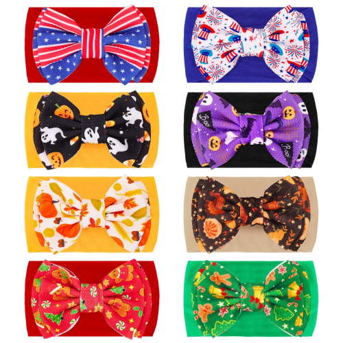 Bocaoying 8 Pack Baby Girls Holiday Headbands with Bows, Soft Elastic Head Wrap for Newborn Infant Toddler, 8 Holiday Printed Styles, Wide Band 5.5-7", Ideal for Photoshoot & Baby Shower Gift