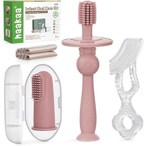 haakaa Training Toothbrush Set Oral Care Kit, Soft Silicone Toothbrush for Baby, Infants, Toddlers & Kids, Pea Green