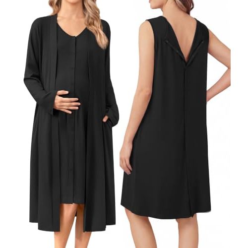 Ekouaer Labor and Delivery Gown and Robe Set for Hospital Nursing Nightgown | Open Back Birthing Gown, Maternity Nursing Pajamas Dress Breastfeeding, Button C Section Postpartum Clothes