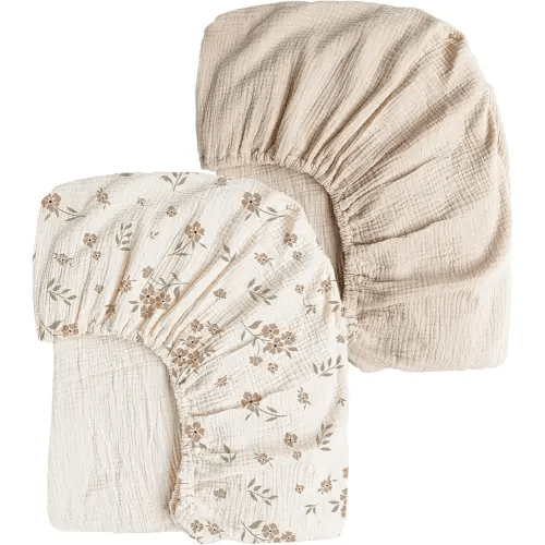 Konssy Muslin Crib Sheets for Girl Boy, 2 PCS Soft and Breathable Cotton Baby Sheets for Standard Crib Mattress, 52"x 28" (Blossom, Cream)