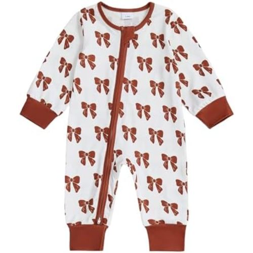 Newborn Baby Girl Fall Outfits Bow Print Crewneck Long Sleeve Zip Up Romper Jumpsuit Baby Girl Winter Clothes