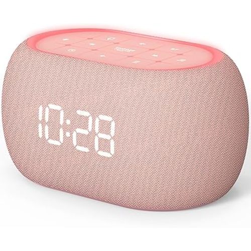 ANJANK White Noise Sound Machine Alarm Clock with Bluetooth Speaker, Hi-Fi Stereo Sound, 21 Soothing Sounds/7 Night Lights, 0-100% Dimmer/Sleep Timer, Soother for Teens Kids Girls, Bedroom, Pink