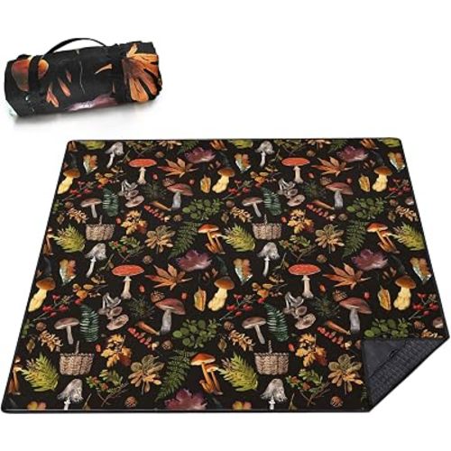 Picnic Blankets Extra Large Waterproof, 80"x 80"Fall Mushroom Beach Mat with Corner Pockets Windproof Sandproof Foldable Portable 3-Layer Mat Darker for Wet Grass,Parks,Music Festival,Camping,Concerts