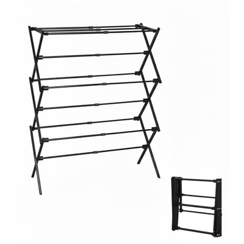 3-Tier Metal Folding Clothes Drying Rack, Laundry Drying Rack Clothing | Collapsible Dryer Racks for Laundry | Indoor & Outdoor,Black