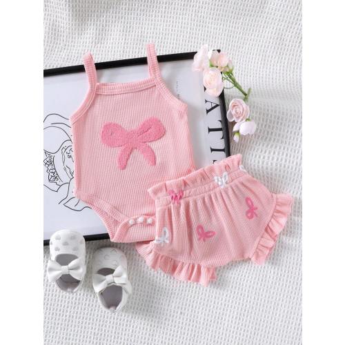 2pcs/Set Cute Embroidered Strap Bodysuit + Shorts Outfit For Baby Girls, Lightweight For Summer | SHEIN USA