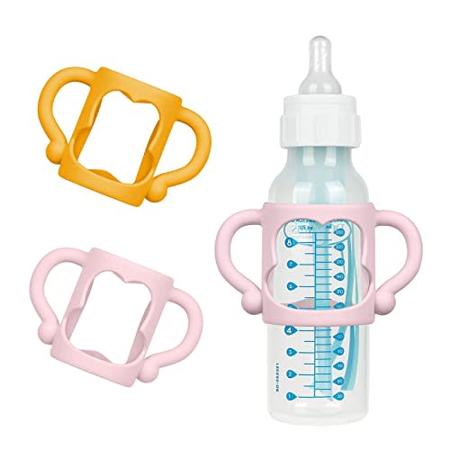 Aolso Silicone Baby Bottle Handles, 2PCS Bottle Handles for Dr Brown Narrow Bottles, Easy Grip Handles to Hold Baby Bottle, Easy Carry Handle Lightweight Bottle Handle(Pink/Orange)
