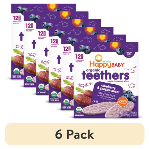 (6 pack) Happy Baby Organics Teethers, Blueberry & Purple Carrot Organic Gluten Free Gentle Teething Wafers, Box of 12-2packs (24 wafers)