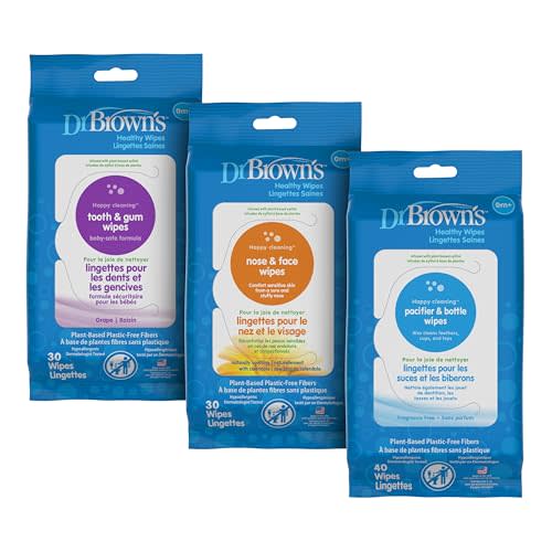 Dr. Brown's Healthy Wipes Variety Pack, Tooth and Gum, Nose and Face, Bottle and Pacifier, Cleaning Wipes, 100 count, 3-Pack Variety (Packaging May Vary)