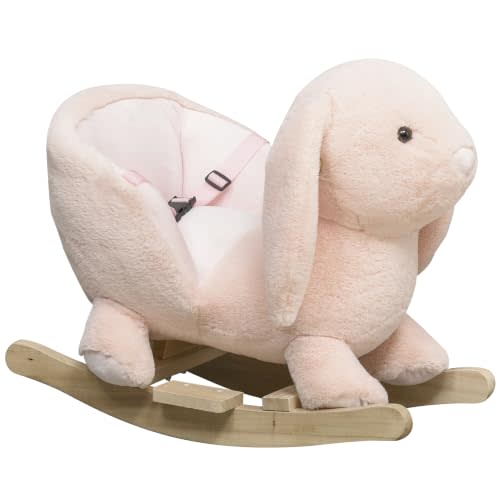 Qaba Baby Rocking Horse with Simulated Sound for Toddler 18-36 Months Pink | Plush Rabbit Animal Rocker, Wooden Base, Seat Belt, Stuffed Rocking Chair