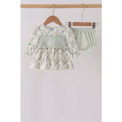 Sage floral smocked ruffle bloomer set