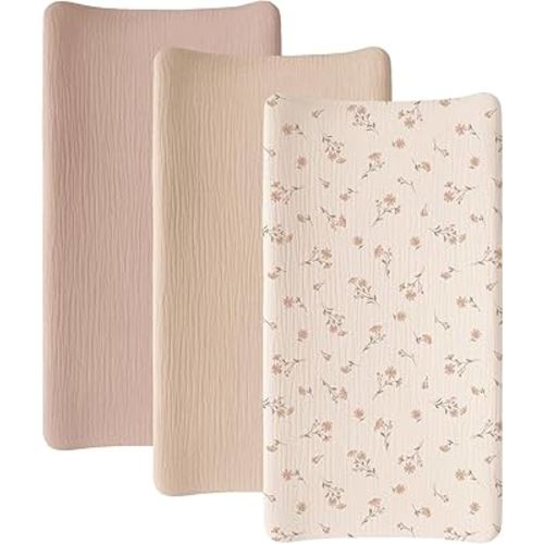 Niceye Muslin Changing Pad Cover 100% Cotton 3-Pack, Soft Breathable & Absorbent, Washable Changing Table Cover for Baby Girls & Boys （Small Flower Buds）