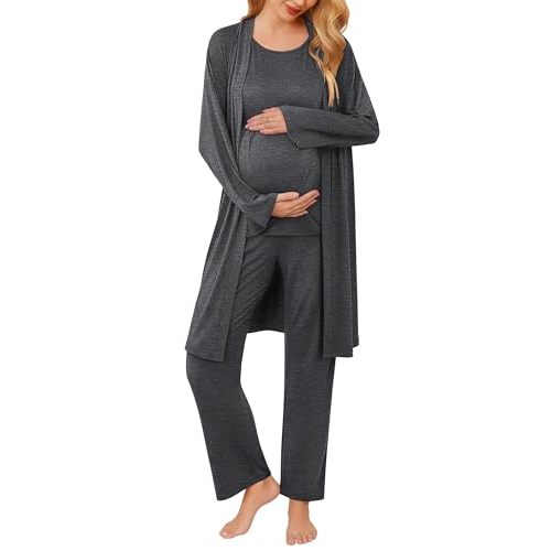 Ekouaer Maternity Nursing Robe Set 3 Pieces Sleeveless Top, Pregnancy Pants & Robe Double Layer Pajamas S-XXL