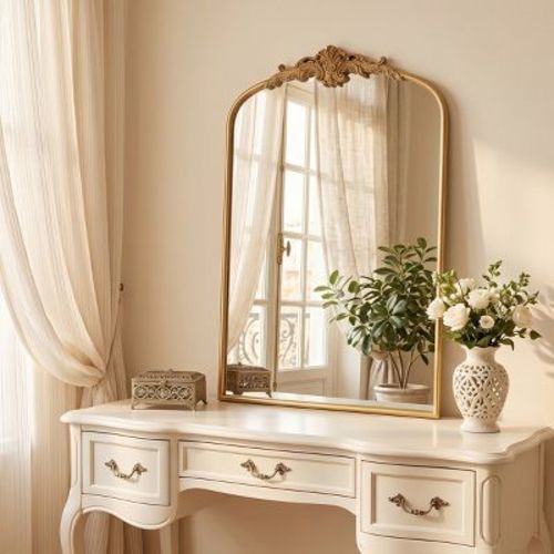 24" × 36" French Arched Decorative Wall Mirror with Gold Baroque Scrollwork, Antique Accent Mirror for Bedroom Bathroom Entryway-Panipeachy