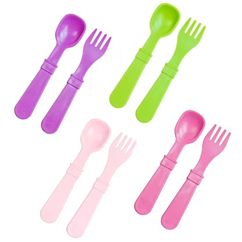Re-Play Toddler Forks and Spoons Set - 4x4 Children's Utensils Set - Dishwasher and Microwave Safe - Made in USA - Set of 8 - Tulip