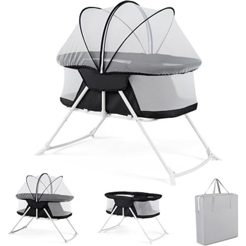BABY JOY 2 in 1 Bassinet, Foldable Bedside Crib with Breathable Mesh, Comfortable Mattress, Zippered Net Canopy & Portable Bag, Bassinet Bedside Sleeper for Baby, Infant & Newborn (Black)
