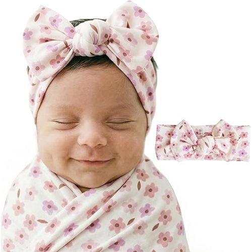 Caden Lane Baby Headwrap with Knotted Bow, Soft & Stretchy Bamboo Viscose, Comfortable Infant Hairband for Newborn & Toddler Girls, Ideal Gift for Baby Shower & Milestone Celebration, Blushing Blooms