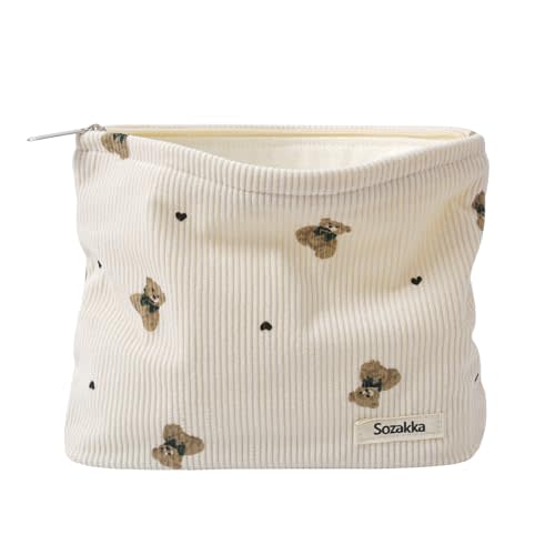 Cute Small Soft Corduroy Zipper Makeup Bag for Purse, Coquette Aesthetic Pouch with Bear Pattern for Women Girls, Kawaii Travel Cosmetic Bags(03Beige)