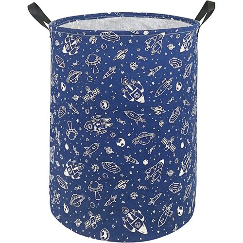 KUNRO Round Laundry Gift Basket Storage Hamper, Clothes Storage Organizer Bins, Shelf Basket with Handles for Room Decor (navy Spaceship)