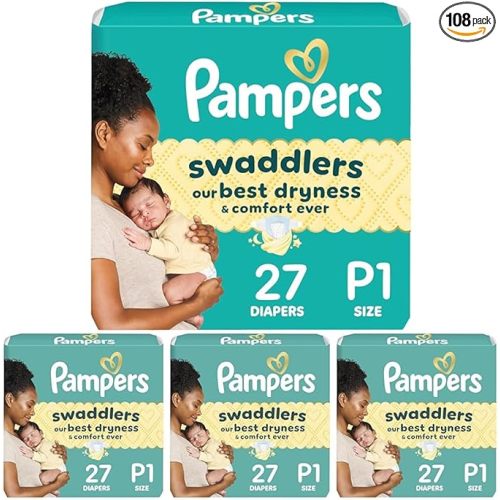 Pampers Swaddlers Diapers, Size P1 (<6 Ibs), 27 Count, Hypoallergenic, Absorbent, Keeps Baby Dry and Comfortable, Skin Safe Disposable Preemie Diaper (Pack of 4)