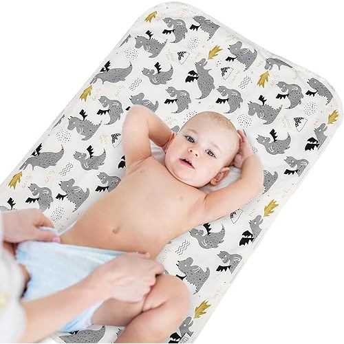 Baby Diaper Changing Pad, 21 5/8" x 31.5" Waterproof Changing Pad Liners - Reusable Soft and Absorbent Portable Changing Mat(Grey Dinosaur1PCS)