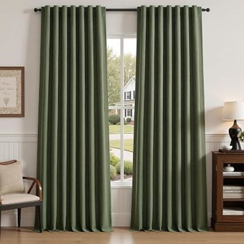 Blackout Linen Curtains for Bedroom 84 Inch Long 2 Panels Olive Green