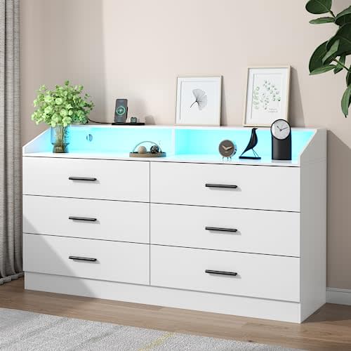 6 Drawer Dresser with Power Outlet, Chest of Drawers with LED Light | Modern Dresser with Open Storage Cubby, Double Wide Dressers Organizer for Bedroom, Living Room, Entryway, Hallway